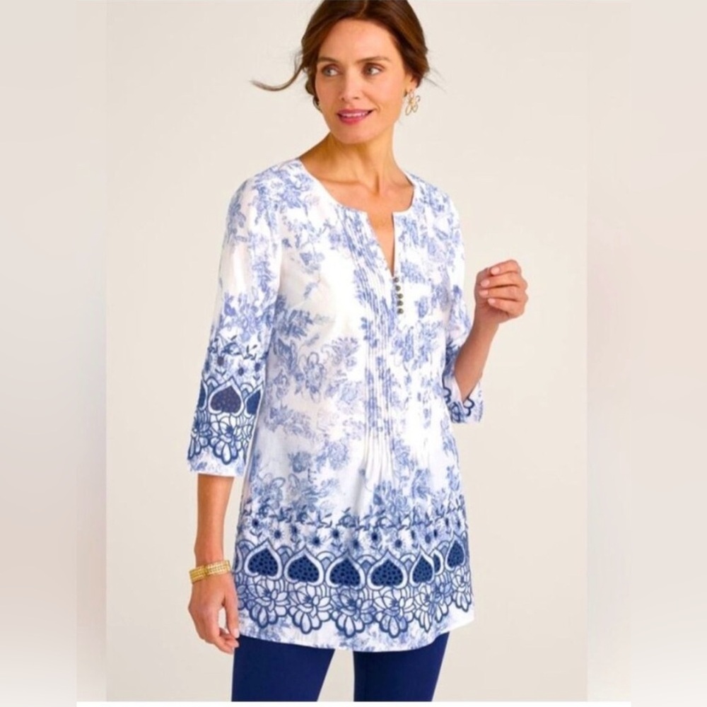 Soft Surroundings Womens Embroidered Floral Tunic Blouse Blue White Size PM